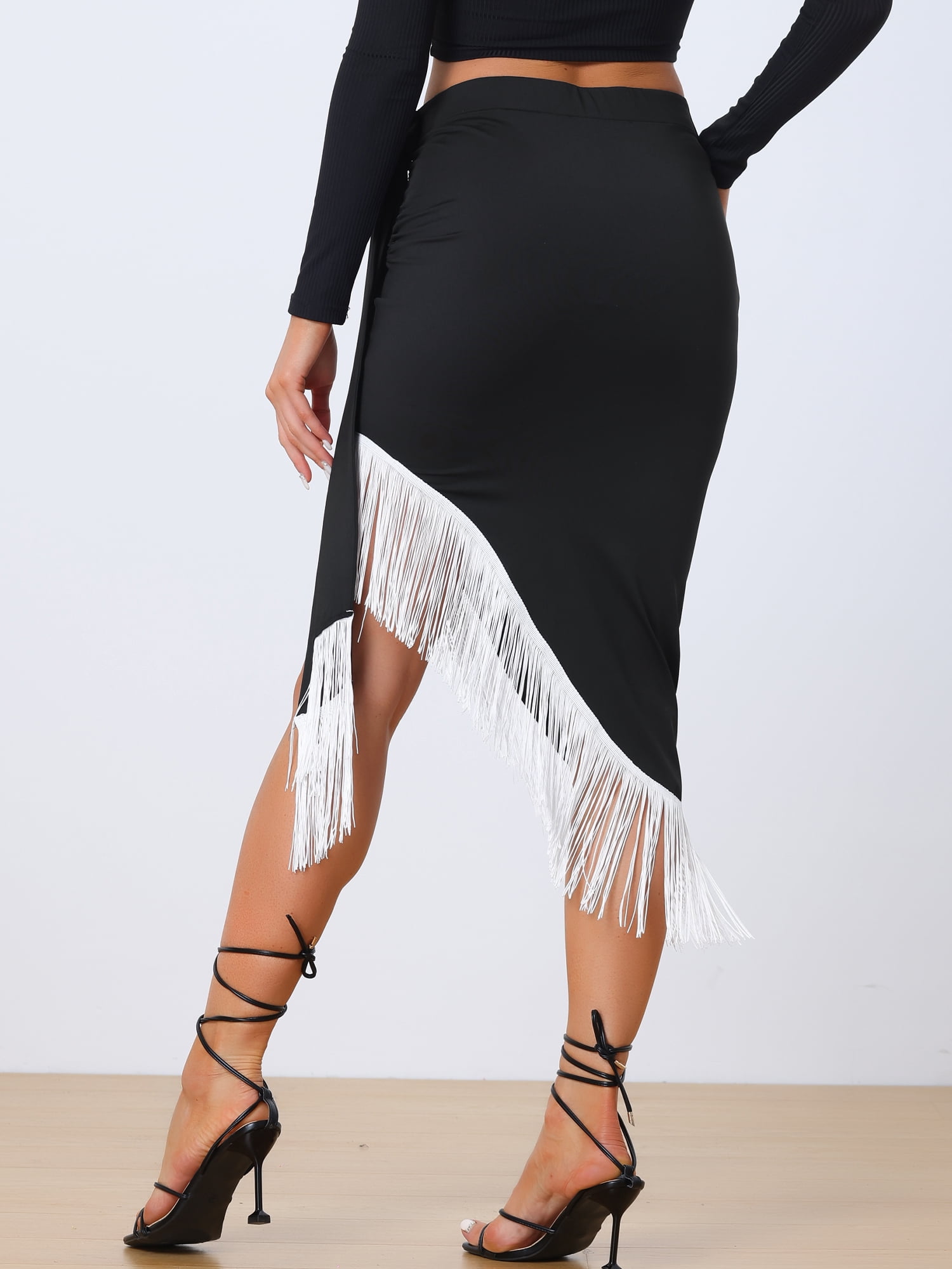 DARING DIVA Women's Fringe Trim Asymmetrical Ruched Tie Waist Midi Skirts S Black