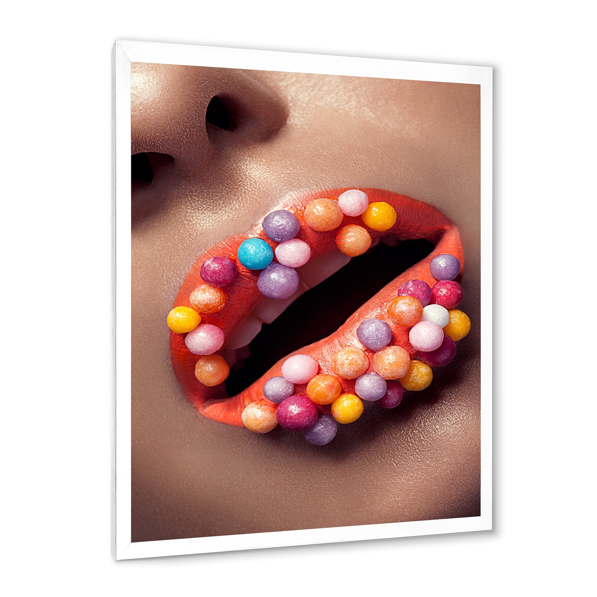 Designart 'Close Up of Creative Make Up On Woman Lips With Lolipops' Modern Framed Art Print