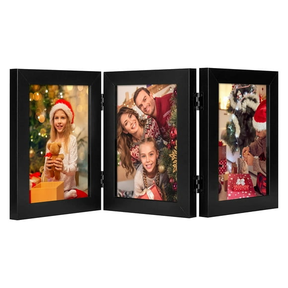 Frametory, 5x7 Trifold Picture Frame Hinged Photo Frames Three Folding Frame Desktop Glass Frame Vertical (Black, 5x7 Triple)