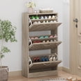 thumbnail image 3 of Shoe Storage Cabinet with 3 Flip Drawers, Slim Shoe Cabinet for Entryway, Hidden Shoe Organizer, Wooden Narrow Shoe Rack Cabinet with Removable Shelf, Diagonal Louver Door, Wood Color, 3 of 14