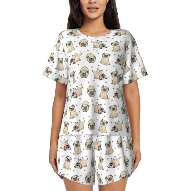 Fotbe Pugs Conjunto de Pijama Estampado para Mujer, 2 Piezas, Ropa de Dormir con Camiseta de Manga Corta y Shorts Suaves-Small