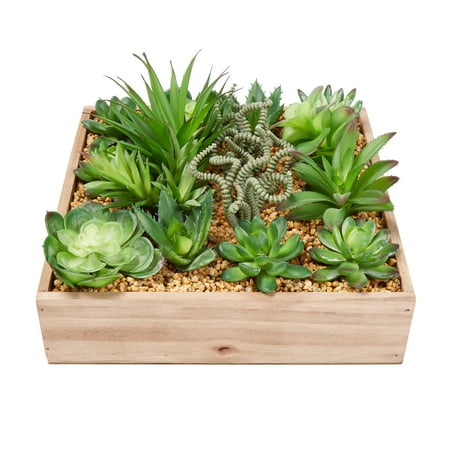 Decorative Greenery Pure Garden Faux Succulents – Assorted Lifelike Plastic Greenery Arrangement with 10 Inch Decorative Wooden Box (4 Piece) ()
