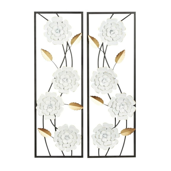 DecMode White Metal Dimensional Floating Floral Wall Decor with Black and Gold Accents (2 Count)