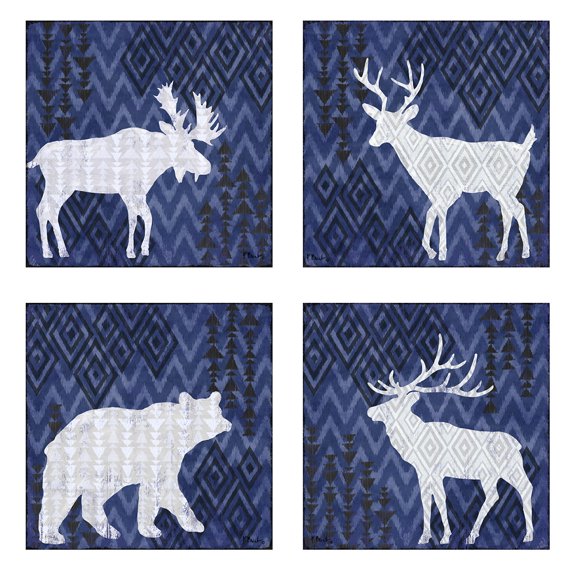 Gango Home Decor Blue and White Rustic Woodland Animal Silhouette Set; Cabin Decor; 4-8x8" Unframed Posters