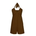 thumbnail image 6 of Lovskoo Romper for Women 2024 Summer Halter Neck Spaghetti Strap Jumpsuits Sleeveless Ruched Short Jumpsuit with Pocket Brown S, 6 of 7