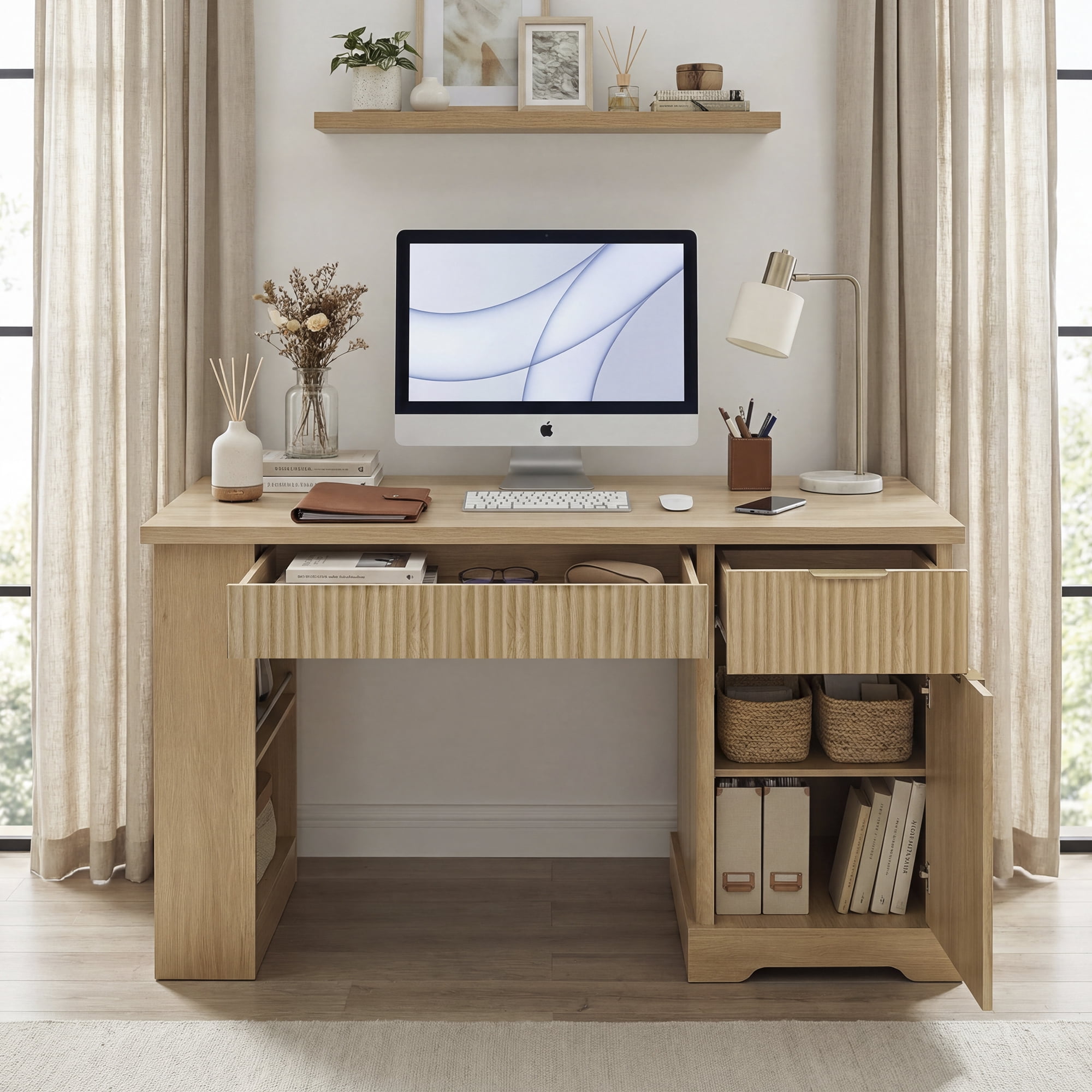 Mintazer 55" Modern Fluted Office Desk with Charging Station & Storage Cabinet, Computer Writing Desk with Keyboard Tray & Pegboard and Shelves for Study Living Room Home Office, Natural