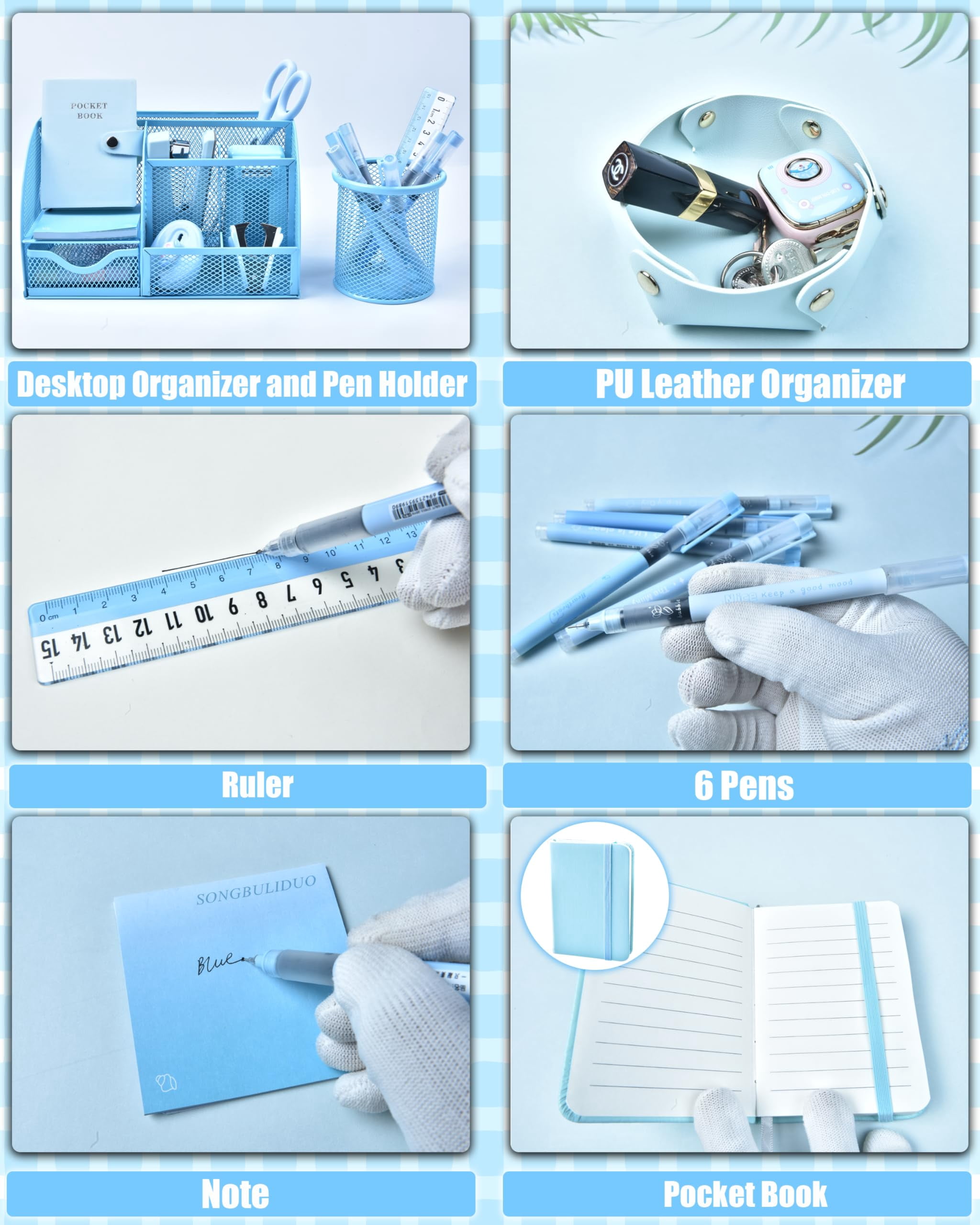 Blue Desk Accessories  26pcs Office Supplies And Organizers With Tape Dispenser Stapler Staple Remover Ect Gift Box Packaging