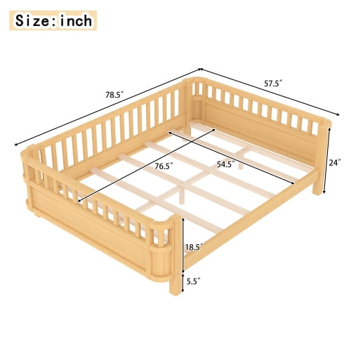 Bellemave Full Size Bed Frame, Full Montessori Bed with Safety Guardrails and Detachable Fence, Wooden Platform Bed Full Daybed Frame, Low Profile & Rounded Corners Design, Natural