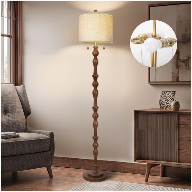 Lámpara de pie Scenekoy de 167 cm, madera natural, doble cadena de tiro, 110 V