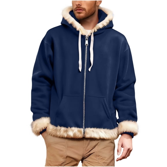 qucoqpe Men's Christmas Colorblock Jacket, Fleece-Lined Winter Full Zip Coat, Warm Fashion Hooded Flannel Coats Outerwear