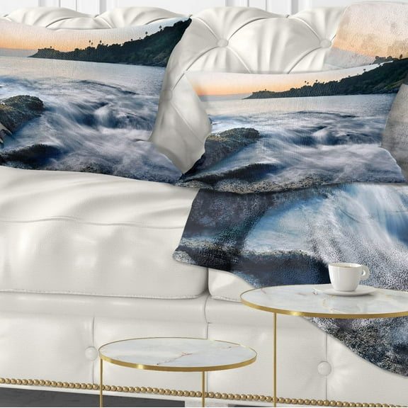 Designart Slow Motion Sea Waves over Rocks - Modern Seascape Throw Pillow - 12x20