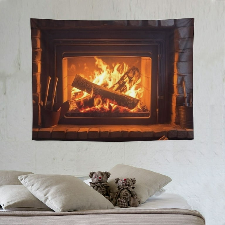 ONETECH Burning Fire Tapestry Fireplace Bright Brick Wall Hanging