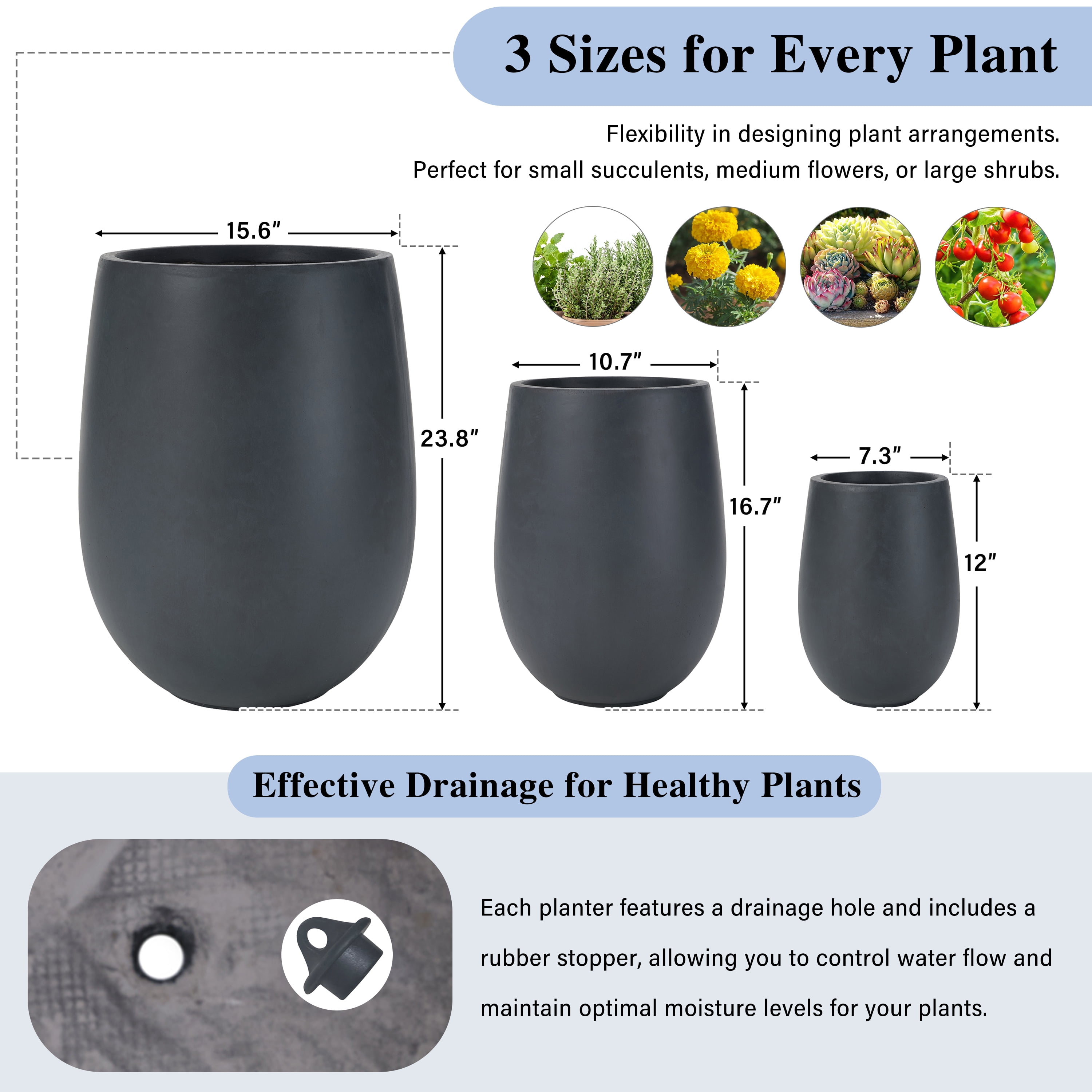 Mintazer Modern Planter Set of 3, 15.6"/10.74"/7.3" Round Stackable Flower Pots with Drainage Holes, Decorative Plant Pots for Indoor & Outdoor, Black