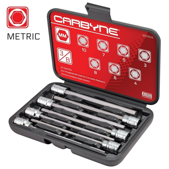 CARBYNE 7-Piece Metric Extra Long Hex (Allen) Bit Socket Set (3mm to 10mm Sizes), 3/8" Drive