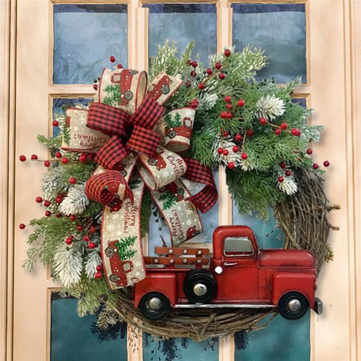 Red Truck Christmas Wreath,14in Vintage Christmas Wreath for Front Door Decorations,Realistic Artificial Pine Garland with Burlap Ribbon,Truck,Berry