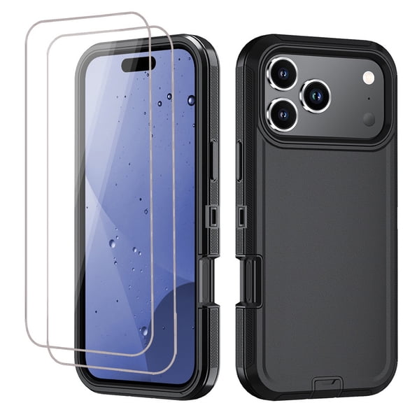 Hotpom Phone Case for iPhone 17 Pro Max, Comes with Screen Protector, Silicone Heavy Duty 3-Layer Hybrid Drop Protection Protective Cover, Black