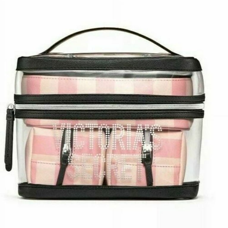 Victoria's Secret Pink Striped Travel Train Case Makeup & Cosmetic Bag 4 pc  NWT 