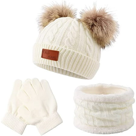 

Kids Winter Beanie Hat Scarf Gloves Set Knit for Toddler Boys Girls 1-8 Year-White