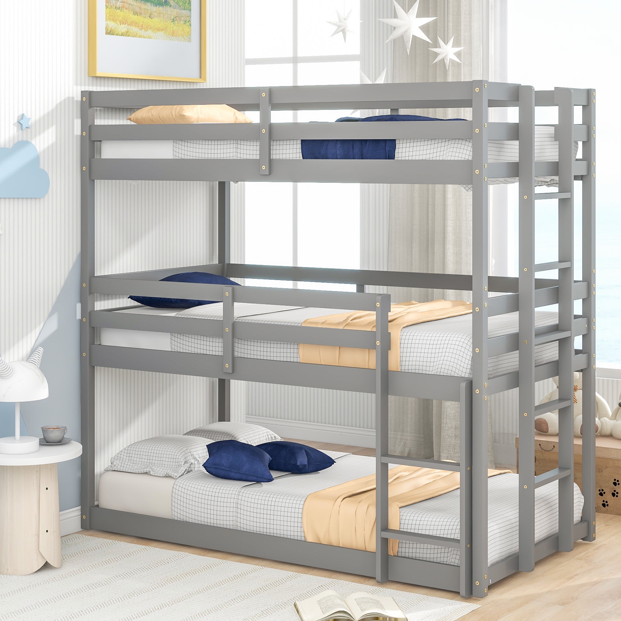 Sesslife Solid Wood Triple Bunk Bed, Separable, No Box Spring Needed