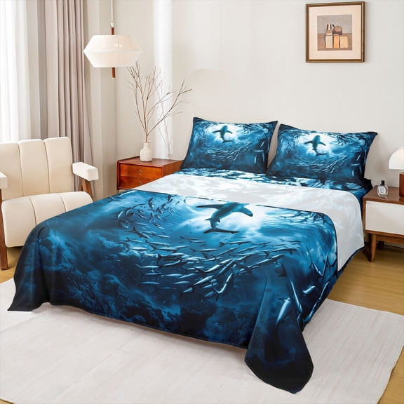 jejeloiu Underwater Shark Print Bed Sheets,Ocean Fish Pattern Full Size Sheets For Boys,Blue Black,4pcs,1 Flat Sheet, 1 Fitted Sheet and 2 Pillowcases