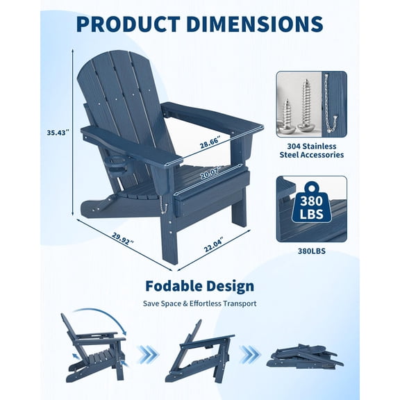 Folding Adirondack Chair – Weather Resistant HDPE Outdoor Patio Chair with Wood Grain Texture, Collapsible and Durable, Comfortable Seating for Fire Pit, Deck, Lawn, Garden, Backyard