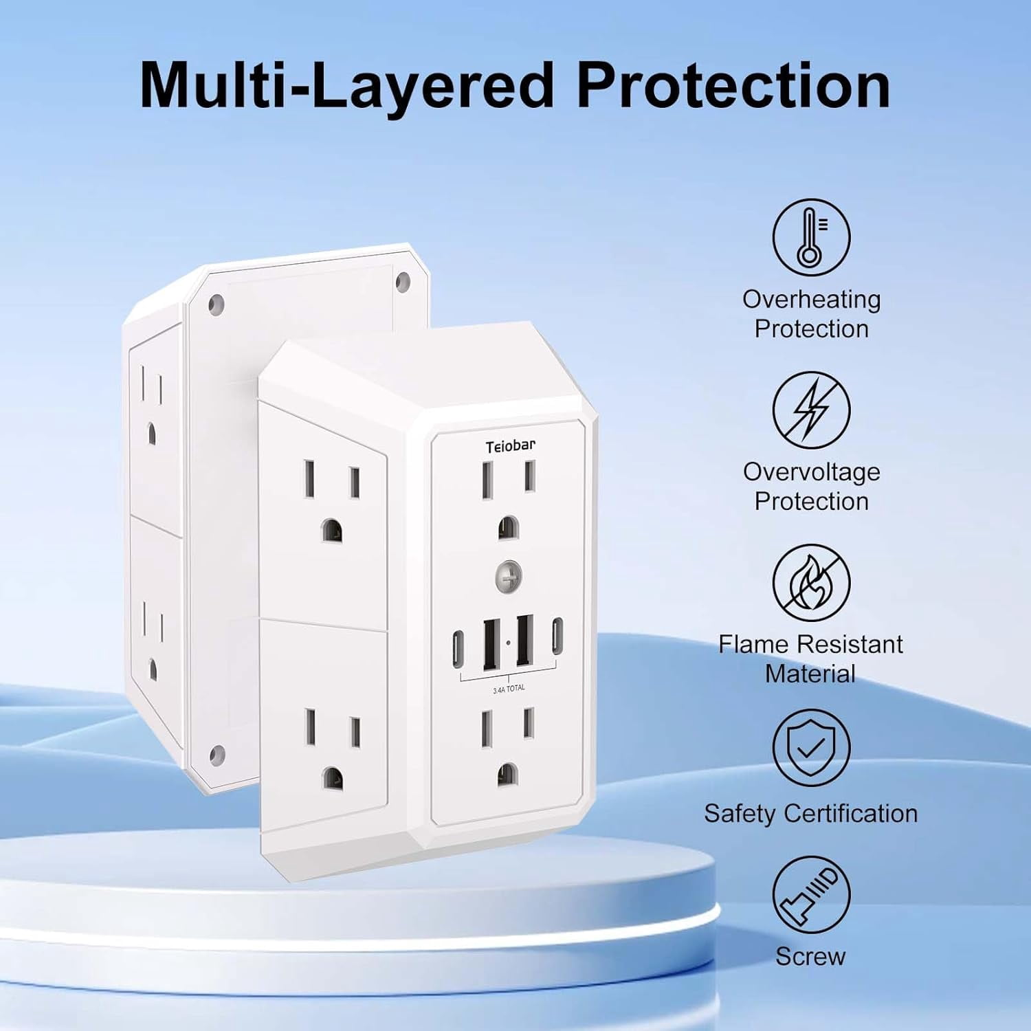 Multi Plug Wall Outlet Surge Protector - Outlet Extender with 6 Outlets and 4 USB Ports(2 USB-C), Outlet Splitter for Home Office Dorm Room Essentials, ETL, White