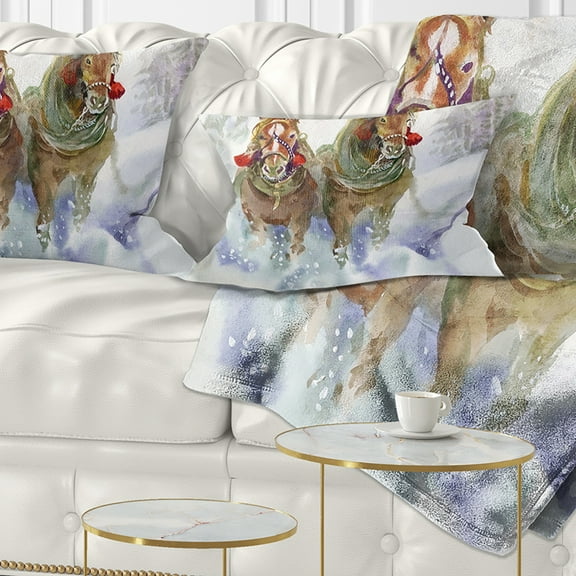 Designart Horses Running in Winter - Animal Throw Pillow - 12x20