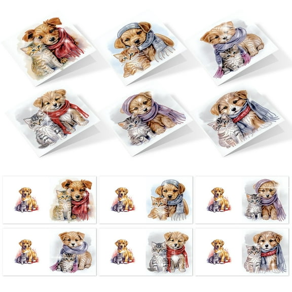 6pcs Diamond Painting Kit Greeting Card, Scarf Puppy 5D DIY Diamond Handmade Holiday Greeting Card with Envelope, Christmas Gift Congratulation