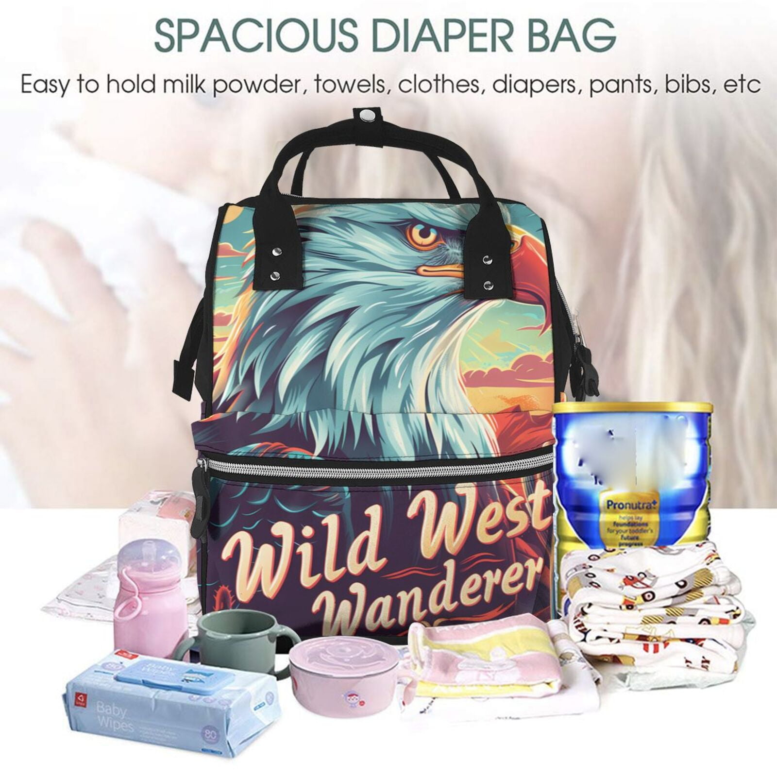 Fuzoiu Western Style Bald Eagle Print Diaper Bag Backpack,Baby Essentials Travel Tote,Multi function Waterproof Diaper Bag, Travel Essentials Baby Bag - Unisex