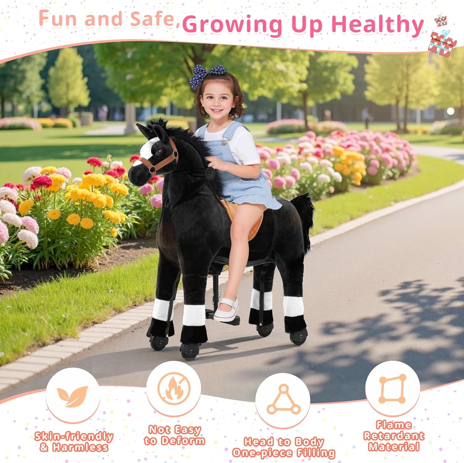 DEYGIA Ride on Horse for Big Kids Horse Ride on Toy, Riding Horse Pony Rider Mechanical Walking Action Plush Animal for 6 Years to Adult, No Battery or Electricity, Giddy up, Max Load 187LBS