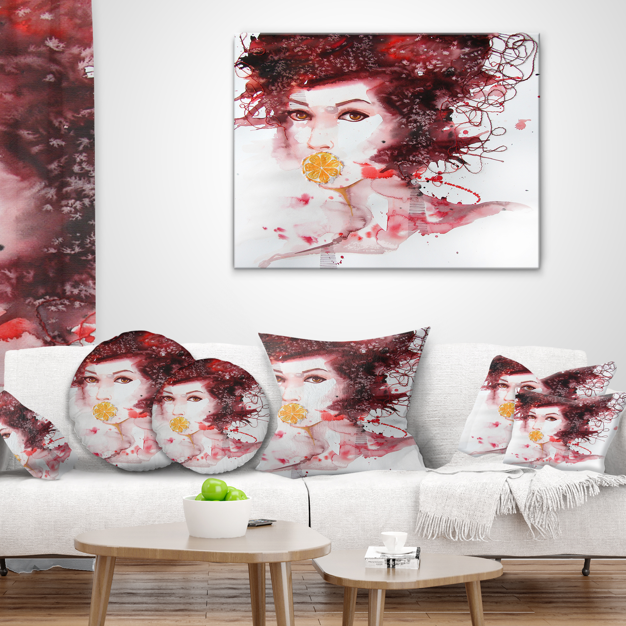 Designart Illustrated Girl with Red Hair - Abstract Portrait Throw Pillow - 18x18