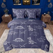 jejeloiu Cartoon Dinosaur 7 Pieces Bedding Comforter Set,Jungle Animal Full Bedding Set,Purple White Fitted Sheet Flat Sheet For Boys Kids,Super Cozy Room Decor Reversible