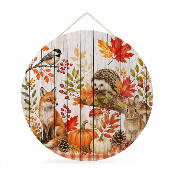 Round Welcome Sign for Front Door, Fall Thanksgiving Pumpkin Hanging Metal Farmhouse Wall Decor for Porch Entryway, Forest Animals Plants Plaid Wooden Decoration for Holiday Housewarming Gift, 12 in