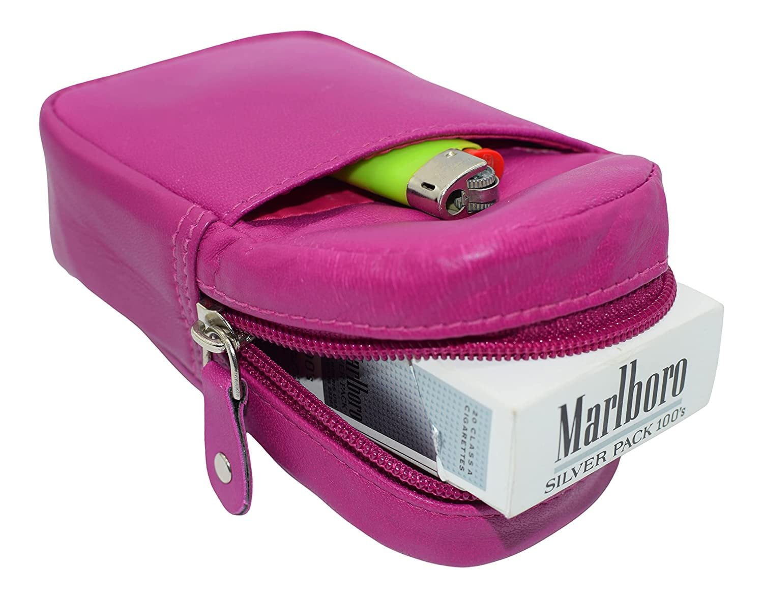 hot pink cigarette case Genuine Leather Zipper Around Cigarette Case Holder and Lighter Pouch for  Men & Women 100's Hot Pink