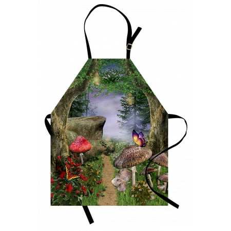 

Mushroom Apron Enchanted Nature Pathway with Magical Butterflies Fairytale Landscape Rocks Unisex Kitchen Bib Apron with Adjustable Neck for Cooking Baking Gardening Tan Green Red by Ambesonne