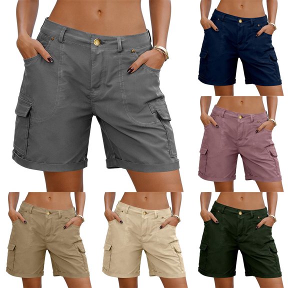 HBBIKVI Cargo Shorts for Women Streetwear Outdoor Shorts With Snap Zipper Multi-Pocket Adjustable Waist Relaxed Fit Rigid Waist for Outdoor Vacation