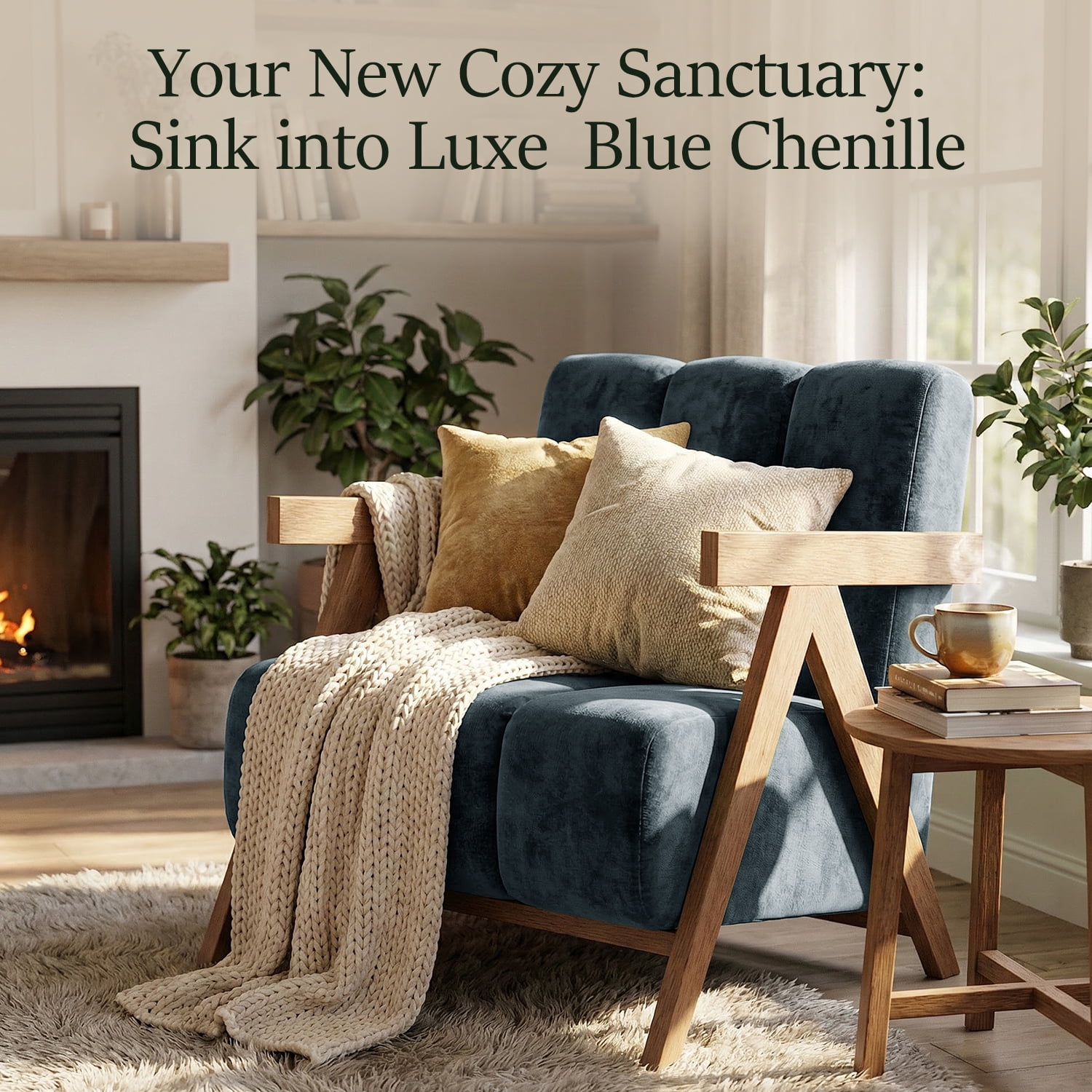Modern Accent Chair Set of 2 for Living Room Bedroom,Comfy Chenille Reading Chair with Wood Frame,Upholstered Lounge Armchair with Thick High-Elastic Sponge for Apartment & Waiting Room,Blue
