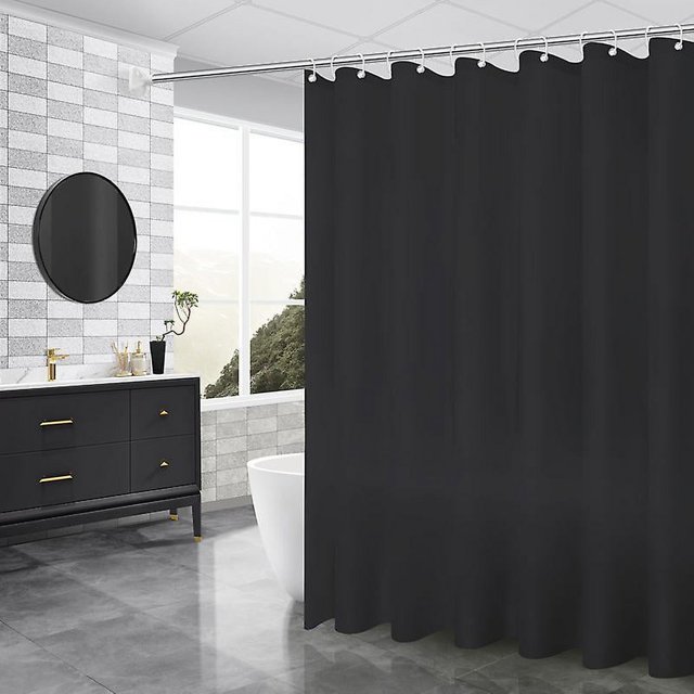 Cortina de ducha de secado rápido, lavable a máquina, poliéster impermeable, translúcida, 180 x 200 cm, color negro