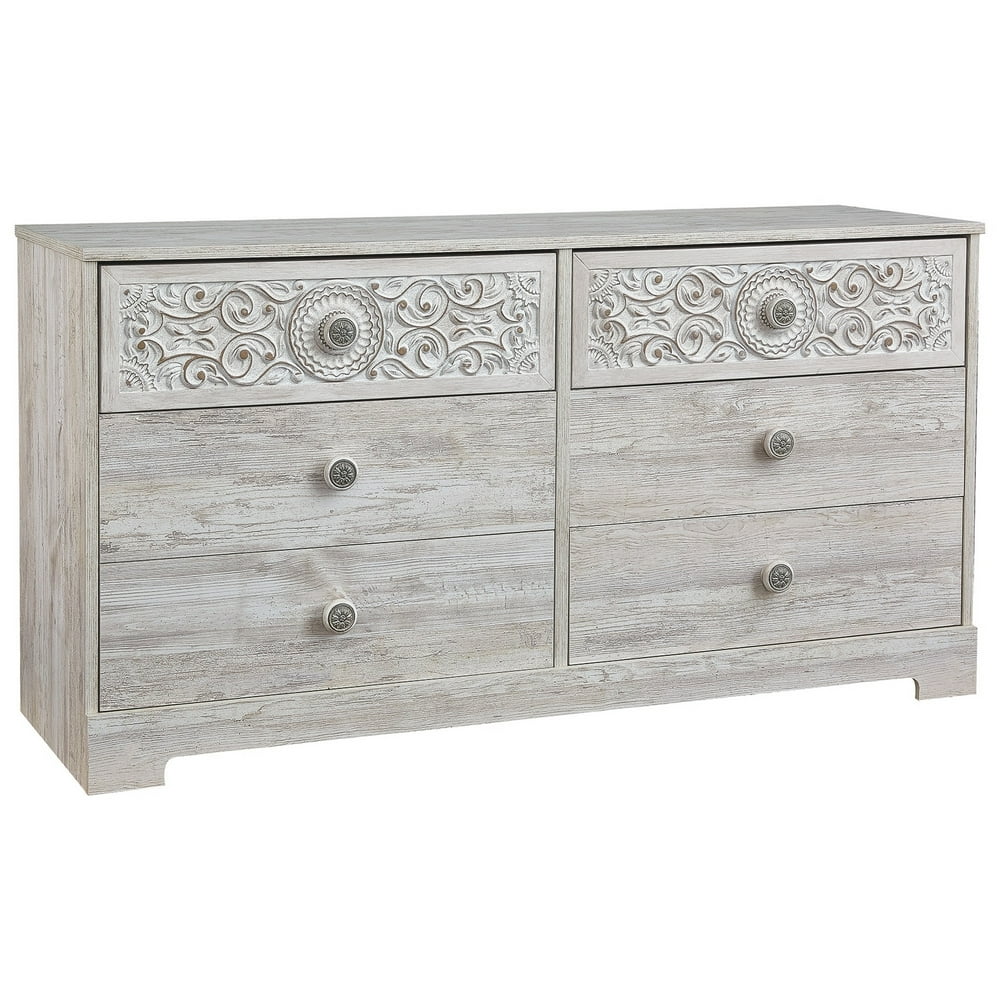 6 Drawer Wood Dresser with Floral Carving and Medallion Pulls, Washed