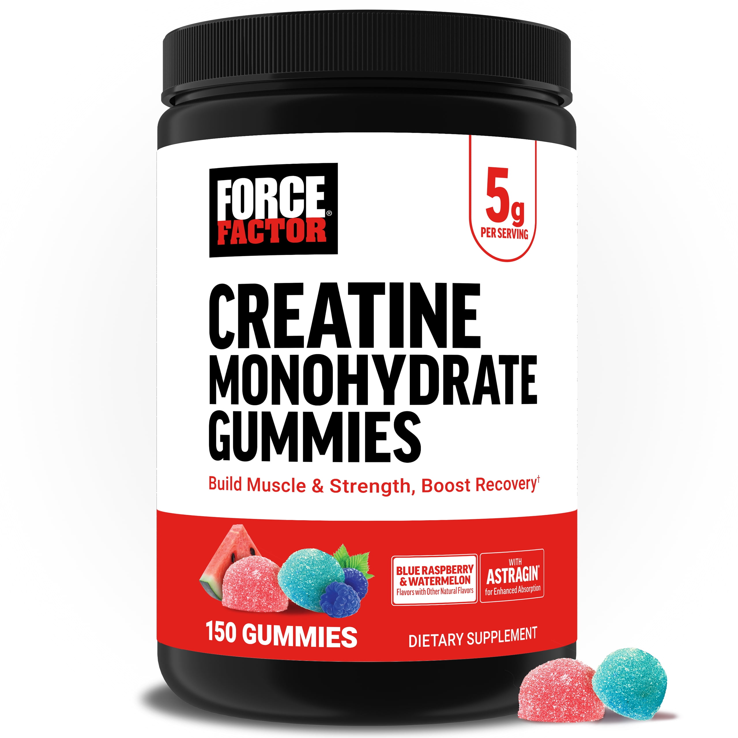 Force Factor Creatine Monohydrate Gummies, 5g Dose for Men & Women to Support Muscle, Strength, Recovery, Cognitive Health & Memory, Blue Raspberry Watermelon, 150 Gummies