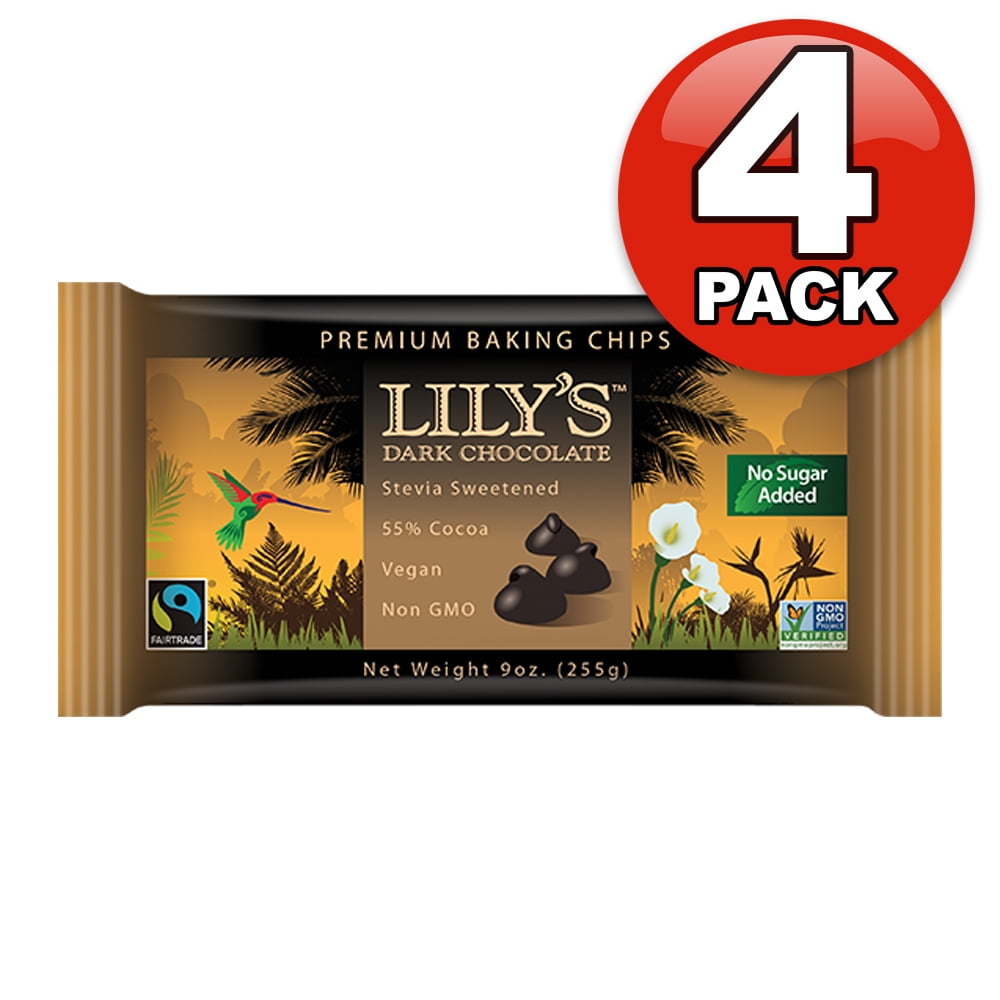 Lilys Chocolate Dark Chocolate Premium Baking Chips, Made Using Stevia, All Natural, Non-GMO, Vegan, 4 Pack