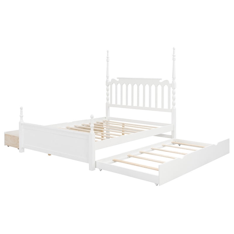 Queen Size Platform Bed with Twin XL Trundle and 2 Storage Drawers, Wooden Bed Frame with Vintage Spindle Headboard & Footboard