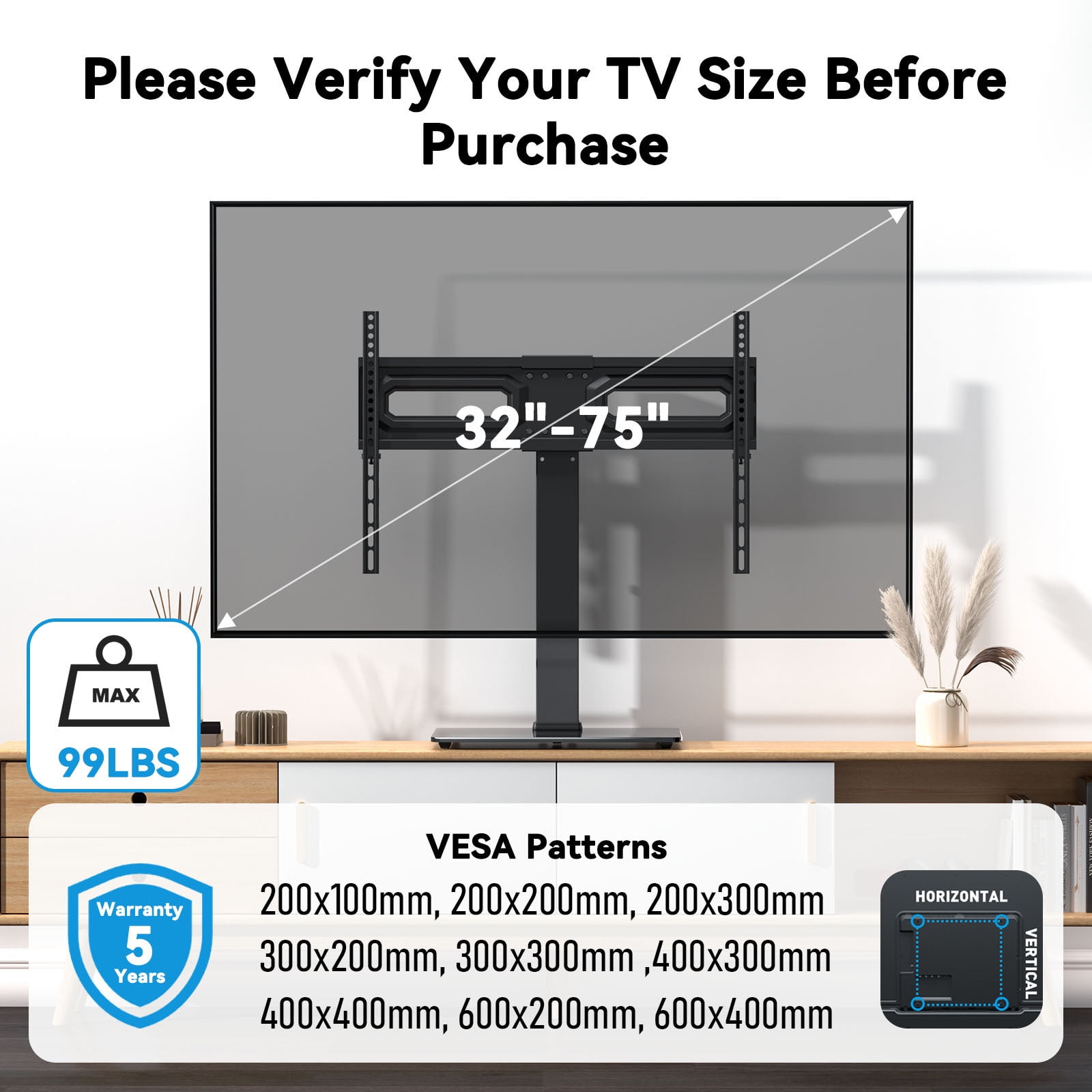 MountFTV Universal Swivel Table Top TV Stand for 32-75 inch TVs, Hold up to 99LBS, Max 600x400mm, Tabletop Desktop TV Stand Base with 35° Swivel, 6 Height Adjustable