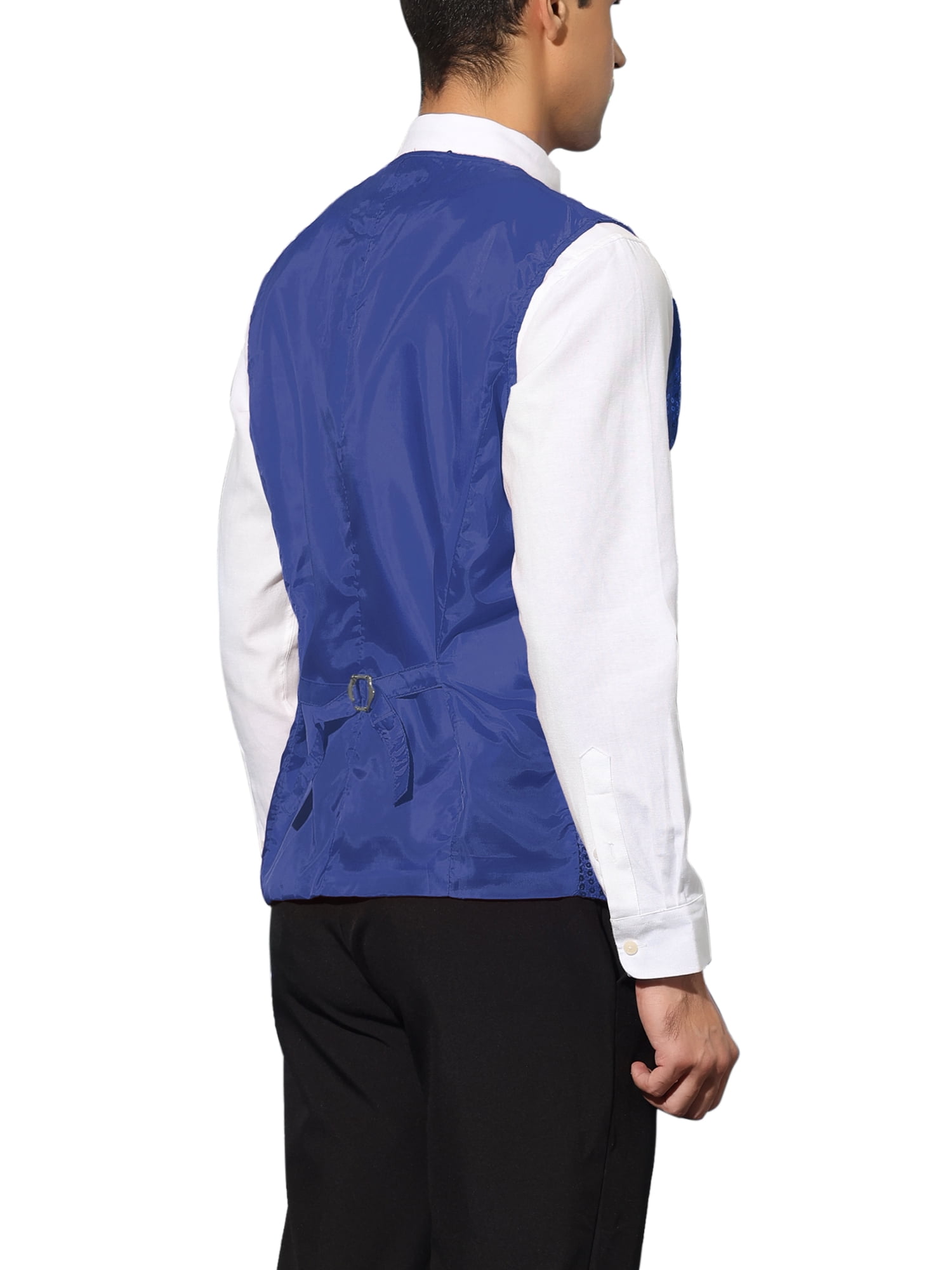 Unique Bargains Men's Sequin Waistcoat Sleeveless Dress Suit Vest with Bow Tie L Blue