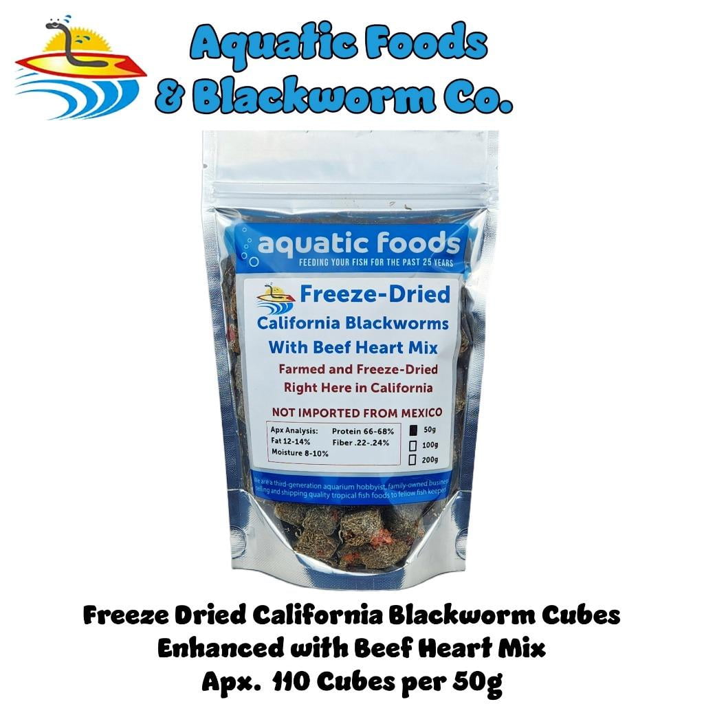 California Blackworms as Freeze Dried with Our Beef Heart Mix for Discus, Cichlids, All Tropical Fish. Made in California USA! - 50 Grams