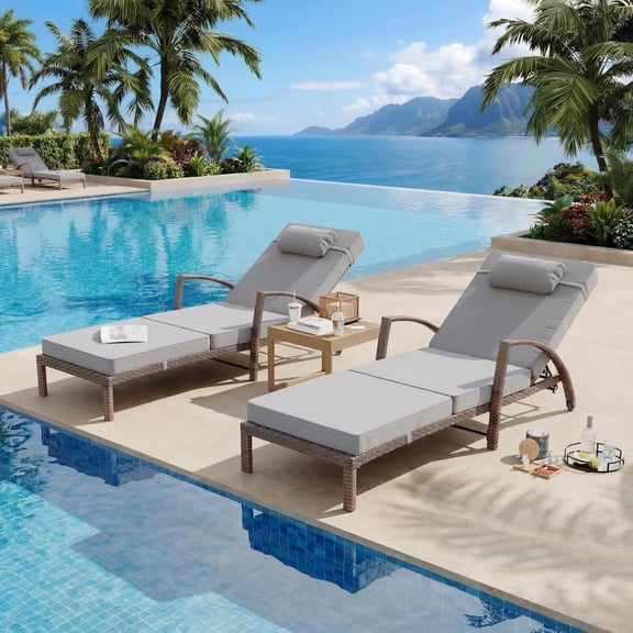 Senfot 2PCS Outdoor Chaise Lounge, Iron   Rattan   Soft Cushion, Comfortable Reclining Lounge for Patio Brown Gray