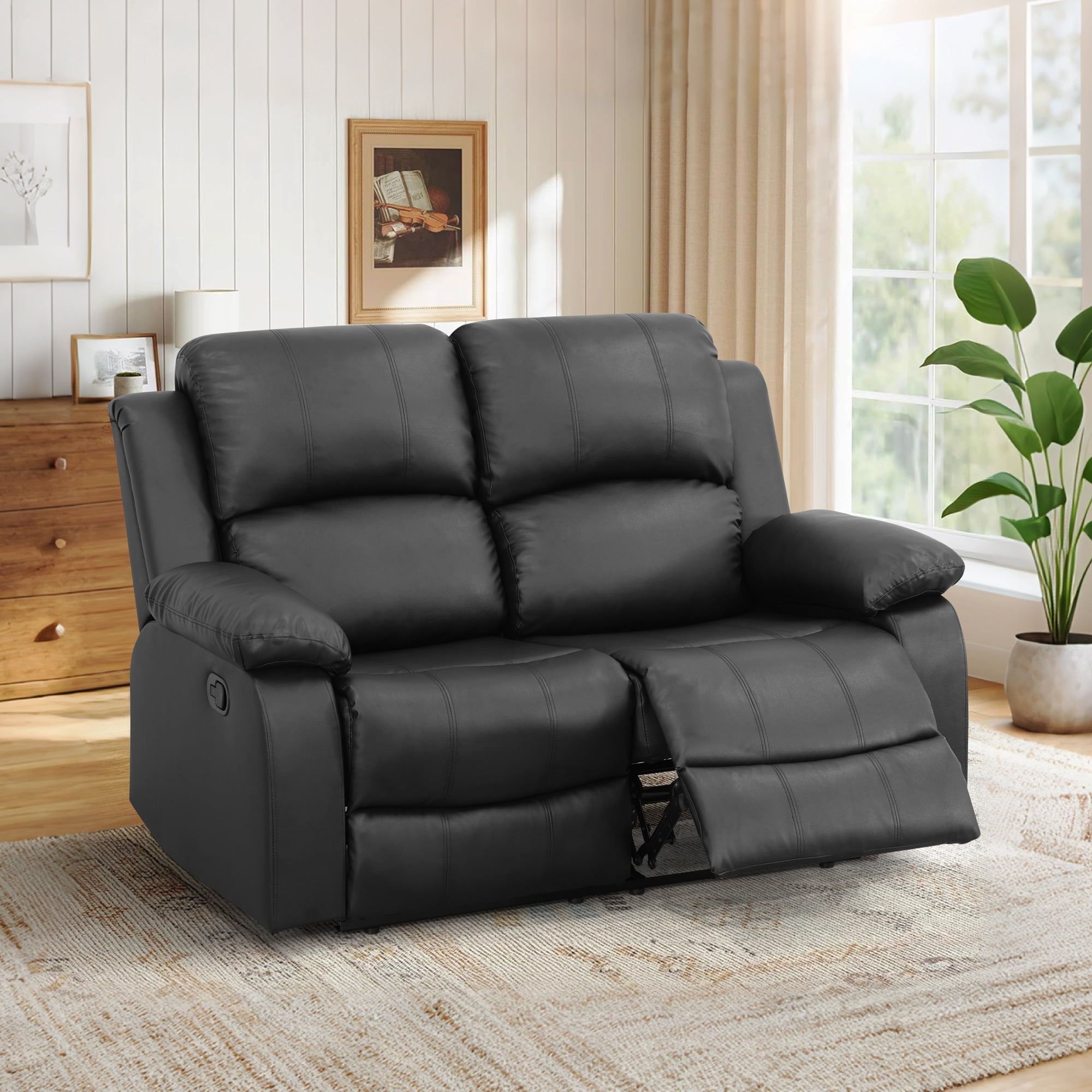 Gewnee Loveseat Adjustable Multifunctional Recliner Solid Wood Frame Air Leather Upholstery Living Room Black