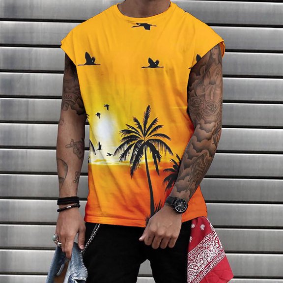 Mens 3D Digital Coconut Tree Print Tank Top Beach Sleeveless Vest Summer Tropical Graphic Muscle Shirt Casual Athletic Outdoor Apparel L
