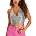 thumbnail image 1 of Fortune Women Sequins Camisoles Backless Halter Crop Tops Clubwear Ruched Deep V Neck Tops, 1 of 6