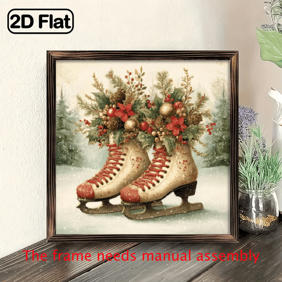 1Pc Christmas Winter Wood Frame Sign Christmas Ice Skates, Holiday Decor, Vintage Oil Painting Style Wood Frame Wall Art Wall Pediments, 8x8 inch Wall Decor Christmas Decorations, Vintage Rustic G